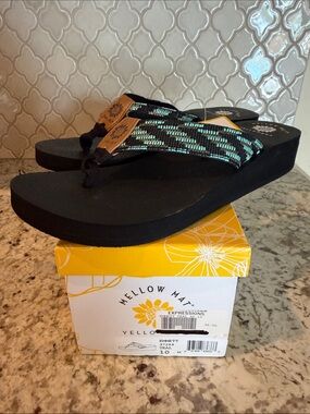 Yellow Box Black Teal Patterned Wedge Sandals